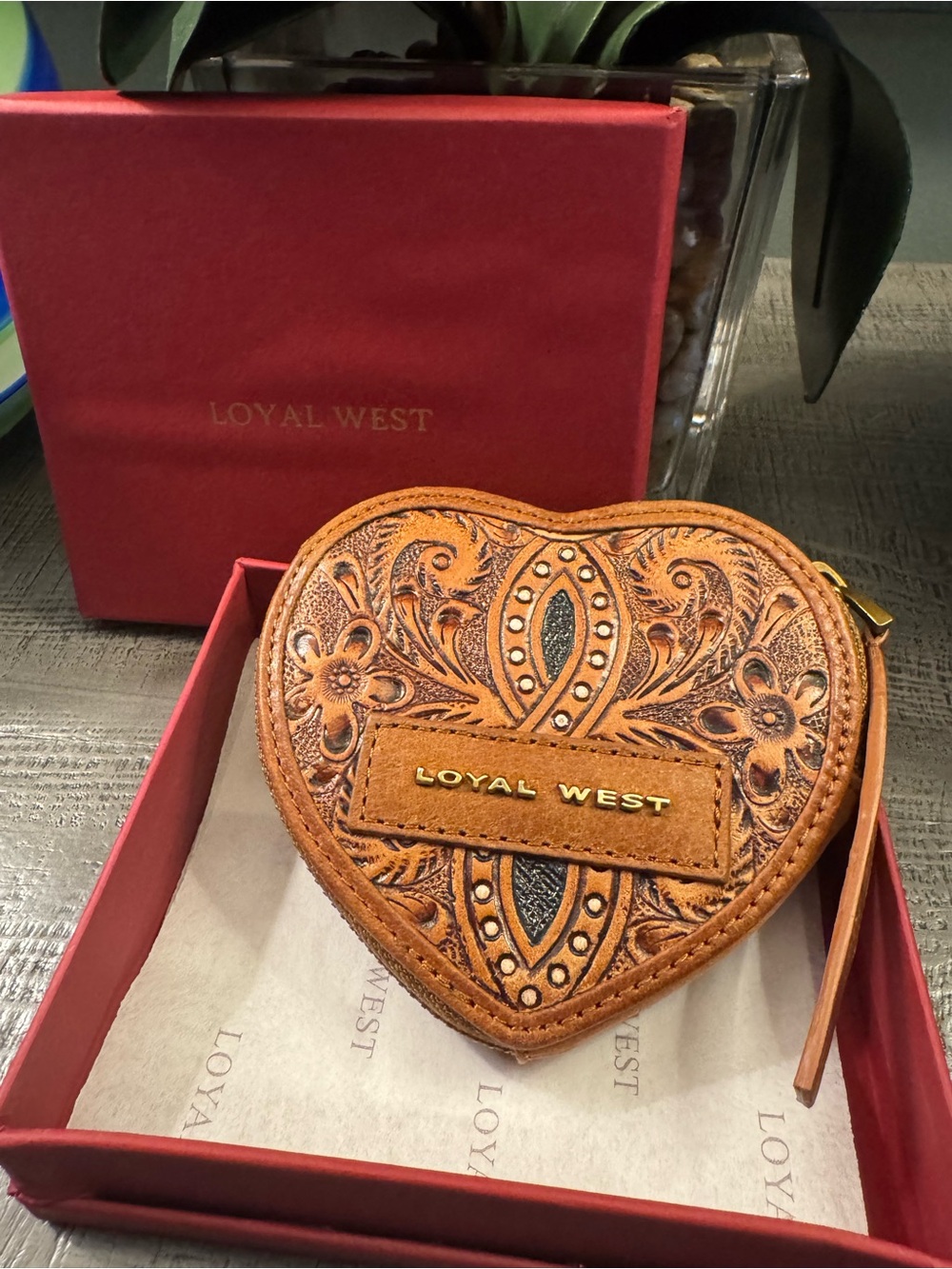 Loyal West Heart Shape Tooled Genuine Leather Zip Around Pouch